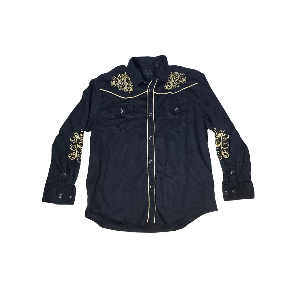 Montero Men Black Gold Embroidered Western Snap Shirt Size 16 Cotton Long Sleeve